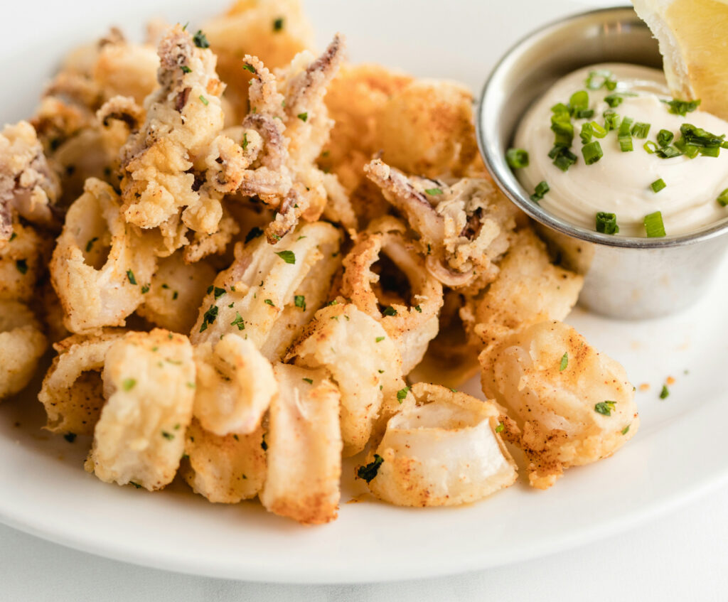 Close up of fried calamari and dipping sauce on white plate