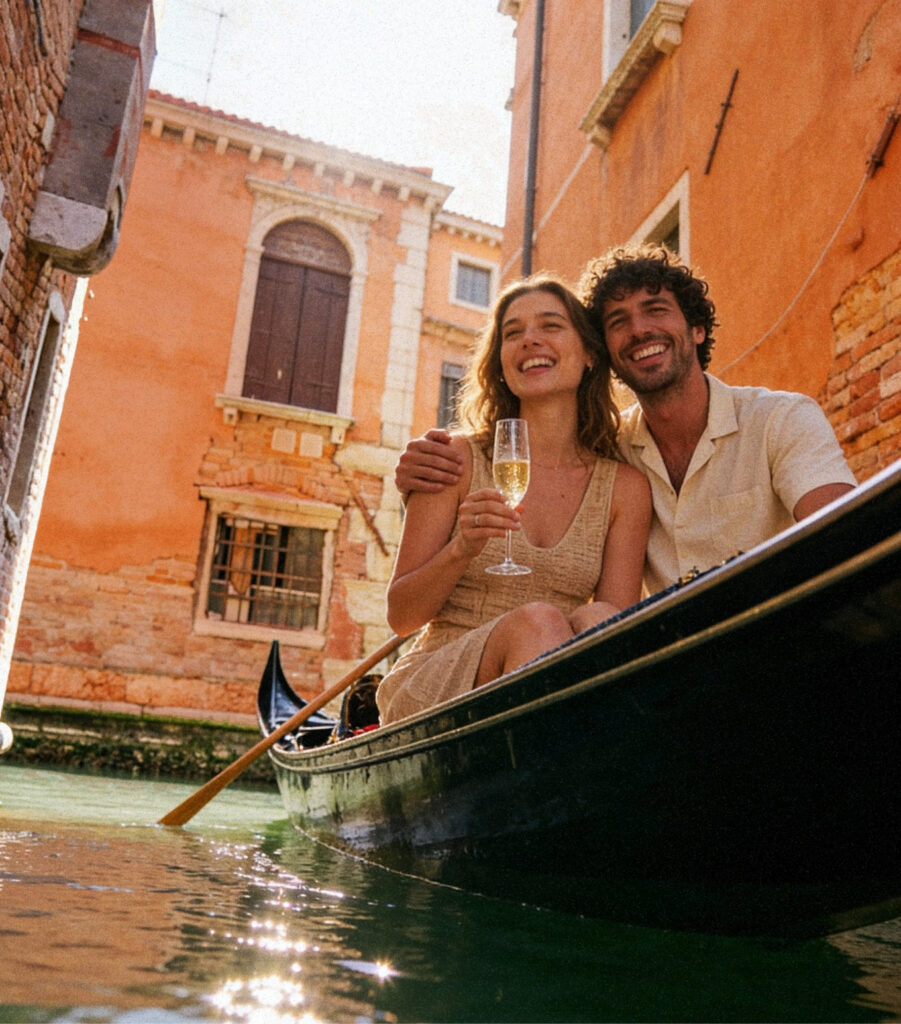 A venice canal scene looking up to a couple in a gondola with the woman holding a flute of prosecco, with pink stucco buildings in the background