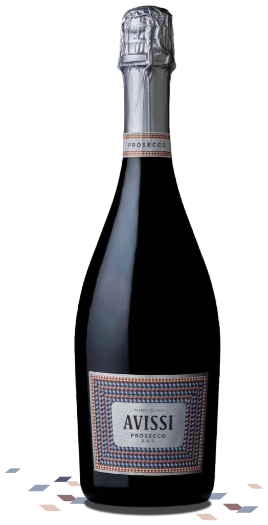 Avissi Prosecco bottle shot with bits of decorative tile graphic elements at its base