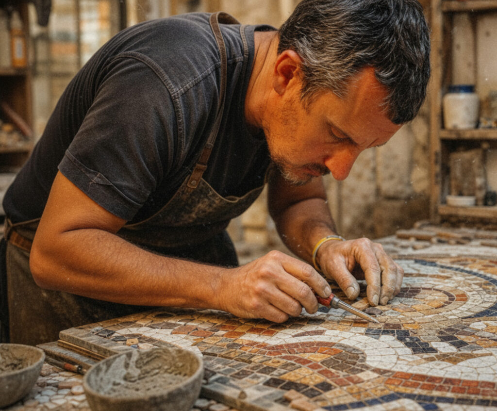 Male artist in an art studio who is leaning over work bench who is workin on a traditional Italian mosaic