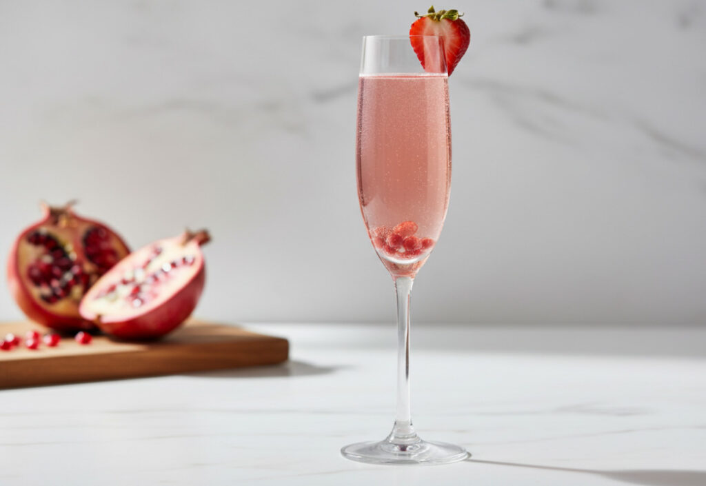 Close up of a pink cocktail in a champagne flute glass with pink beads at the bottom of the glass, on a marble surface