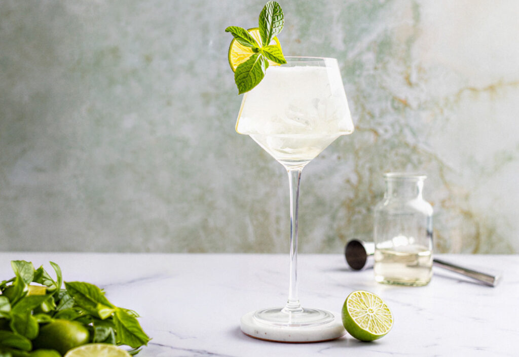 Close up of a whitish cocktail in a wide stemware glass on a marble surface with mint and lime garnishes and limes in the foreground