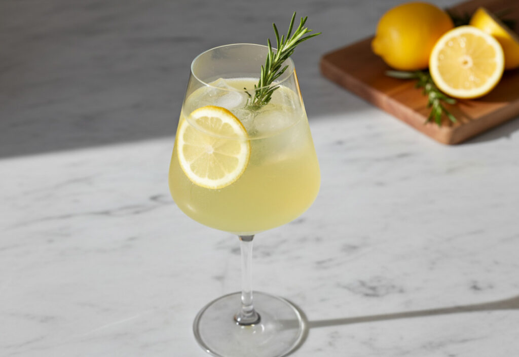 Close up of a pale yellow cocktail in a wide stemware glass with rosemary sprig garnish and cut lemons in the background, on a marble surface